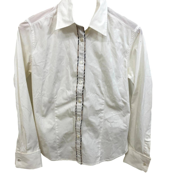 Burberry London White Button Down Nova Check Trim Blouse Size Medium EUC - Picture 1 of 9